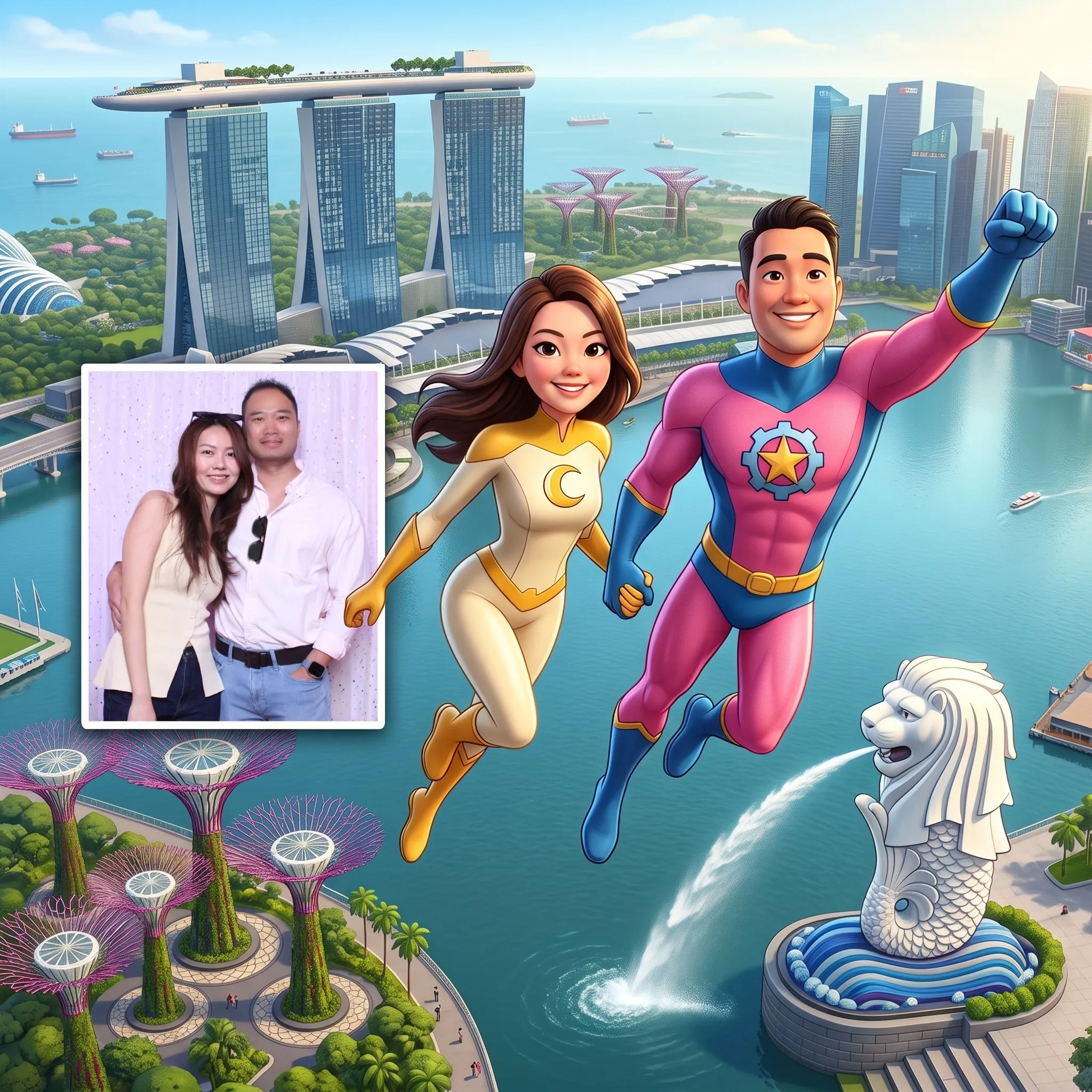 AI photo booth output transforming couple into superhero characters in front of Singapore skyline